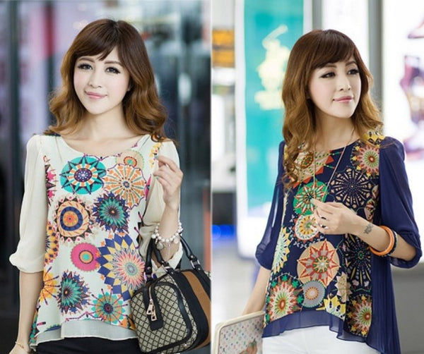 Spring Summer Retro Pleated Printed Blouse