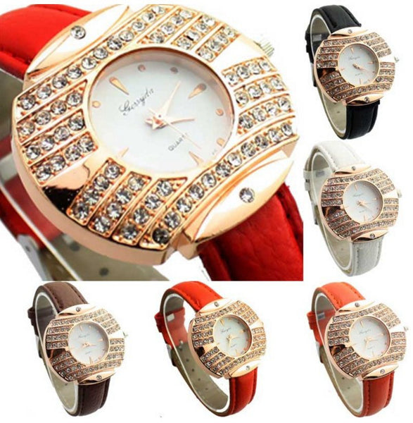 Crystal Dial Leather Belt Wrist Watch
