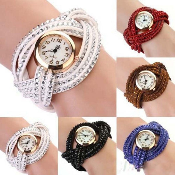 Multi Layer Rhinestone Weave Leather Watch