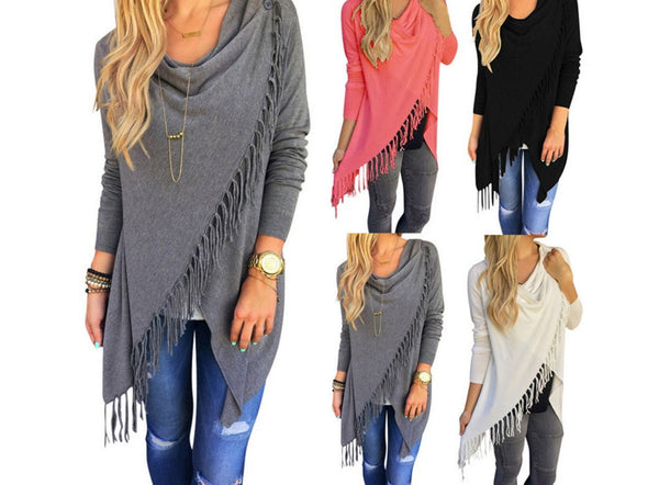 Bohemian Tassel Irregular Draped Knitted Shirt